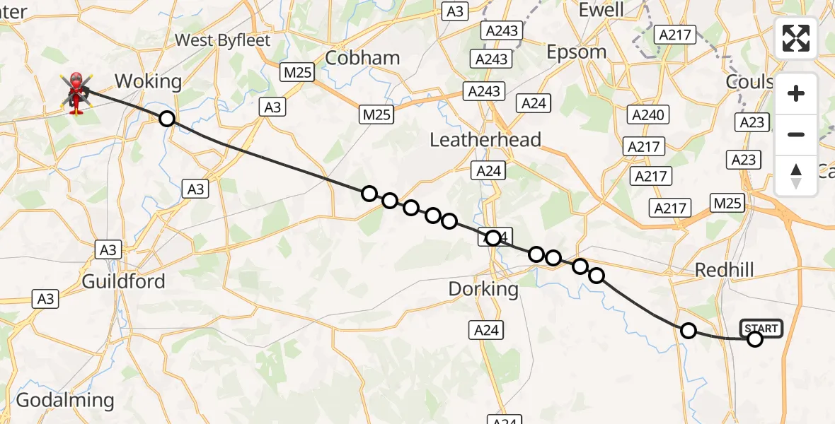 Flight route Air Ambulance Helicopter Redhill Aerodrome - Woking, 29 October 2026, 08:39
