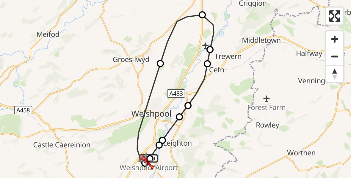 Flight route Air Ambulance Helicopter Welshpool Airport - Welshpool Airport, 29 October 2026, 08:53