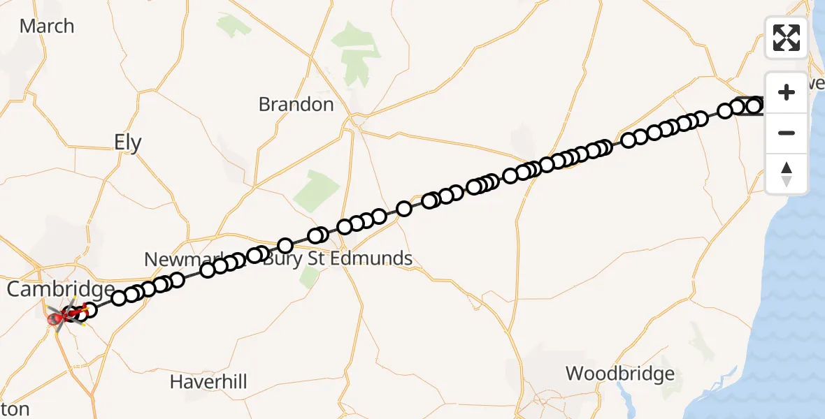 Flight route Air Ambulance Helicopter Worlingham - Papworth Hospital, 29 October 2026, 09:20