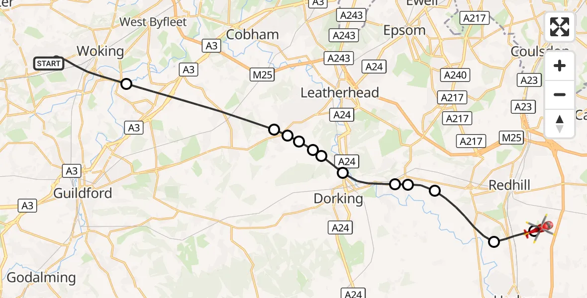 Flight route Air Ambulance Helicopter Woking - Redhill Aerodrome, 29 October 2026, 09:36