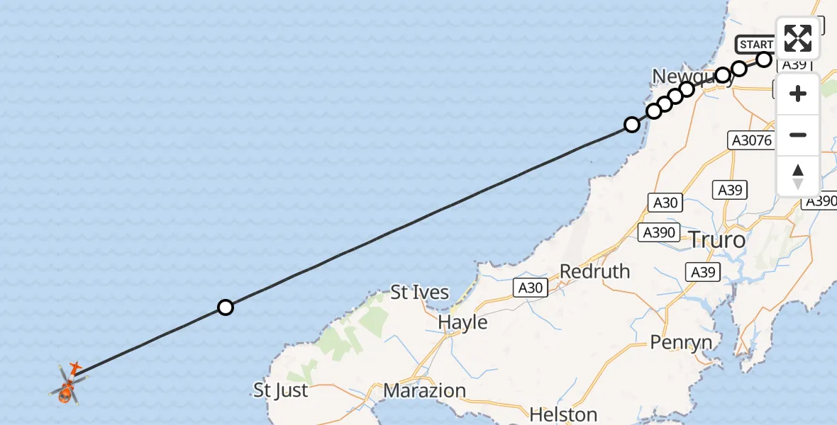 Flight route Coastguard Helicopter Cornwall Airport Newquay - North Atlantic Ocean, 29 October 2026, 09:39
