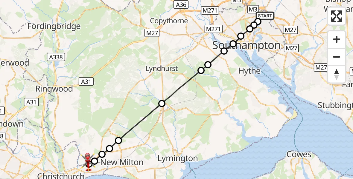 Flight route Air Ambulance Helicopter Mansbridge - Highcliffe-on-Sea, 29 October 2026, 09:44