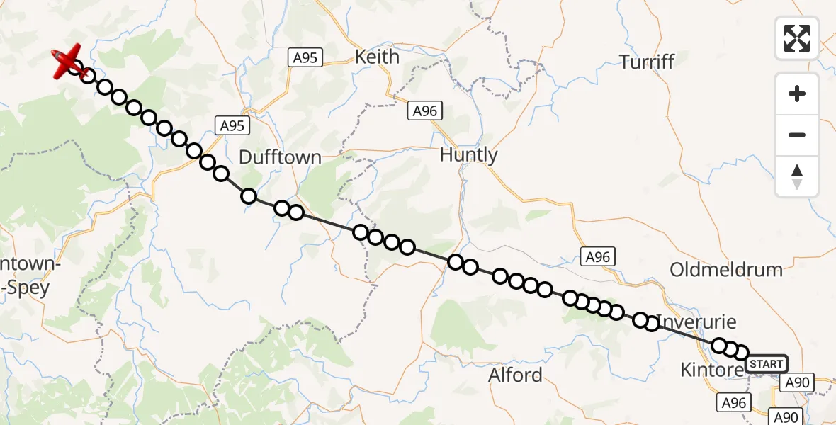 Flight route Air Ambulance Aircraft Hatton of Fintray - Coldwells, 29 October 2026, 09:54