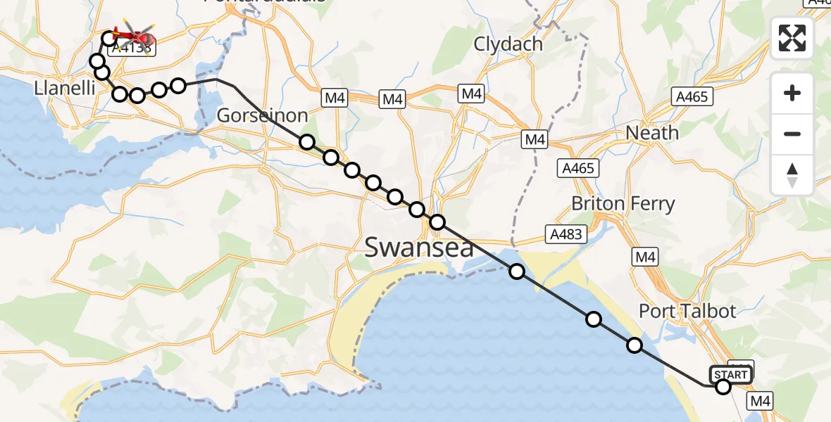 Flight route Air Ambulance Helicopter Margam - Dafen, 29 October 2026, 10:02