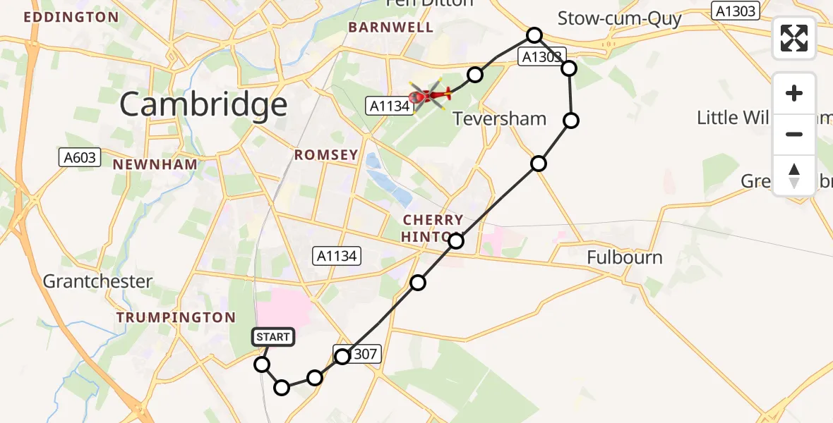 Flight route Air Ambulance Helicopter Papworth Hospital - Cambridge City Airport, 29 October 2026, 10:12