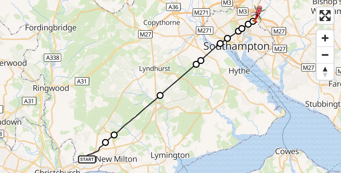 Flight route Air Ambulance Helicopter New Forest - Southampton Airport, 29 October 2026, 10:35