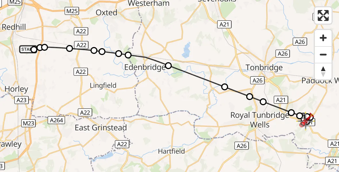 Flight route Air Ambulance Helicopter Redhill Aerodrome - Tunbridge Wells, 29 October 2026, 10:47