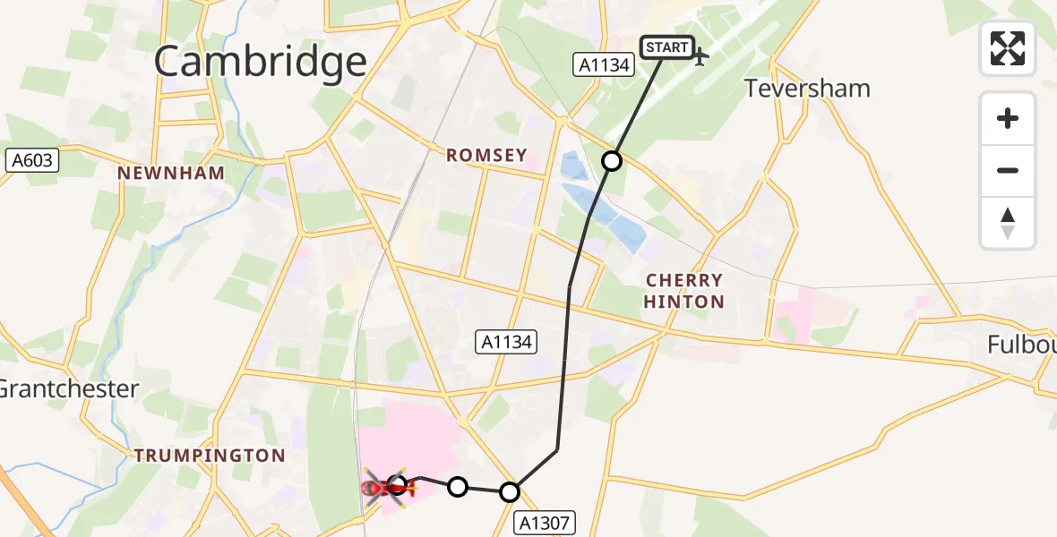 Flight route Air Ambulance Helicopter Cambridge City Airport - Papworth Hospital, 29 October 2026, 10:47