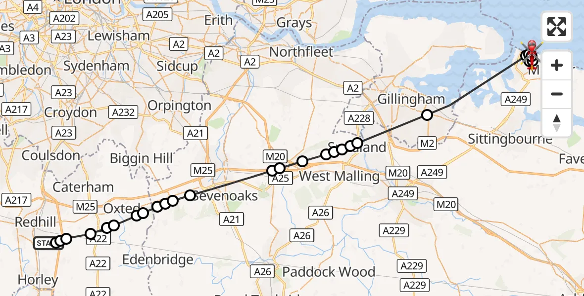 Flight route Air Ambulance Helicopter Redhill Aerodrome - Sheerness, 29 October 2026, 10:55