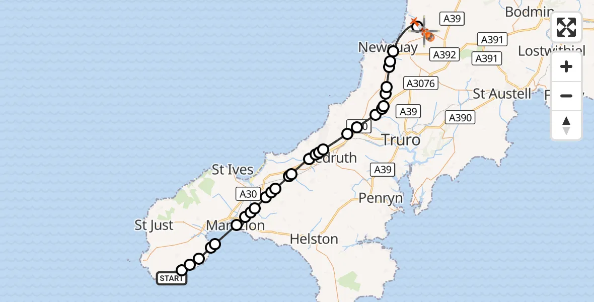 Flight route Coastguard Helicopter Treen - Cornwall Airport Newquay, 29 October 2026, 11:14