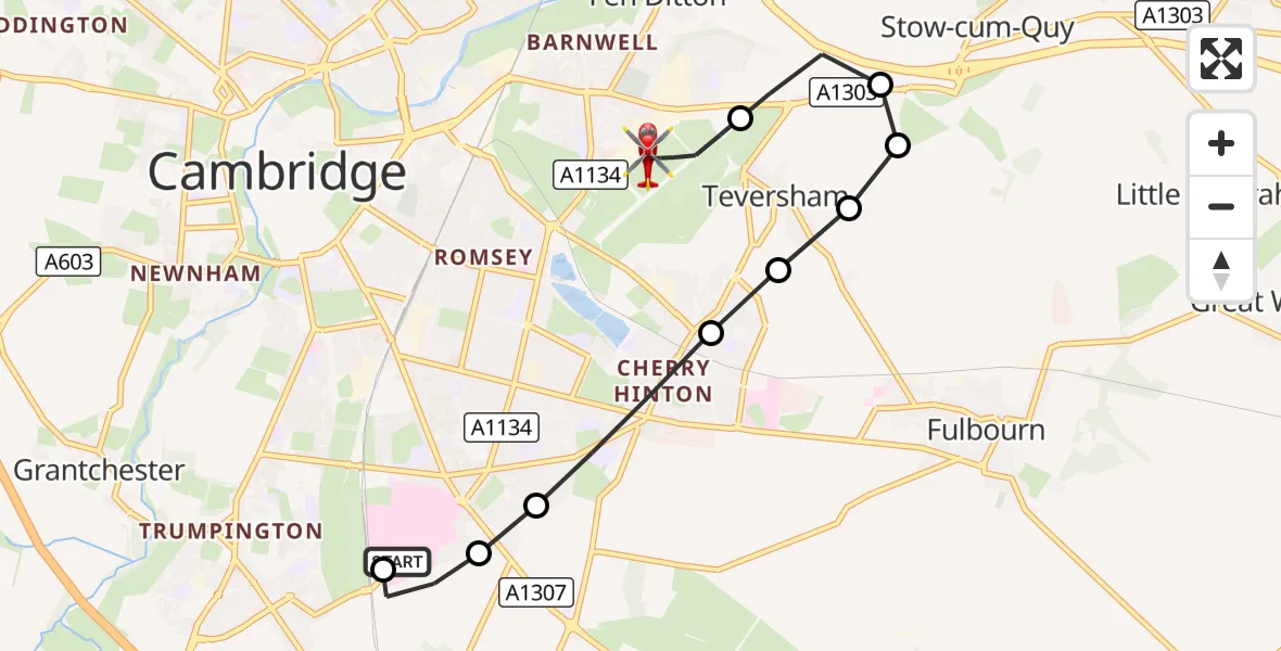 Flight route Air Ambulance Helicopter Papworth Hospital - Cambridge City Airport, 29 October 2026, 11:14