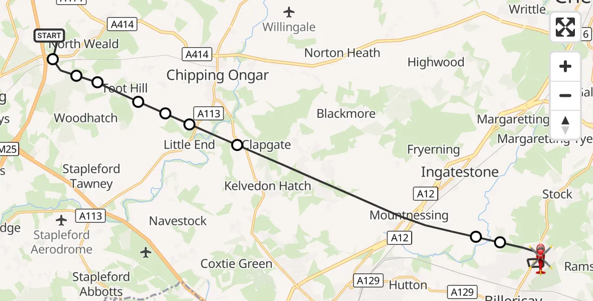 Flight route Air Ambulance Helicopter North Weald Airfield - Billericay, 29 October 2026, 11:29