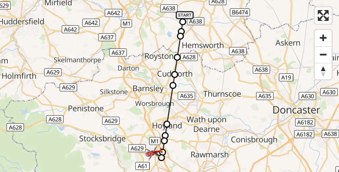 Flight route Air Ambulance Helicopter YAA Nostell Helicopter Port - Chapeltown, 29 October 2026, 11:30