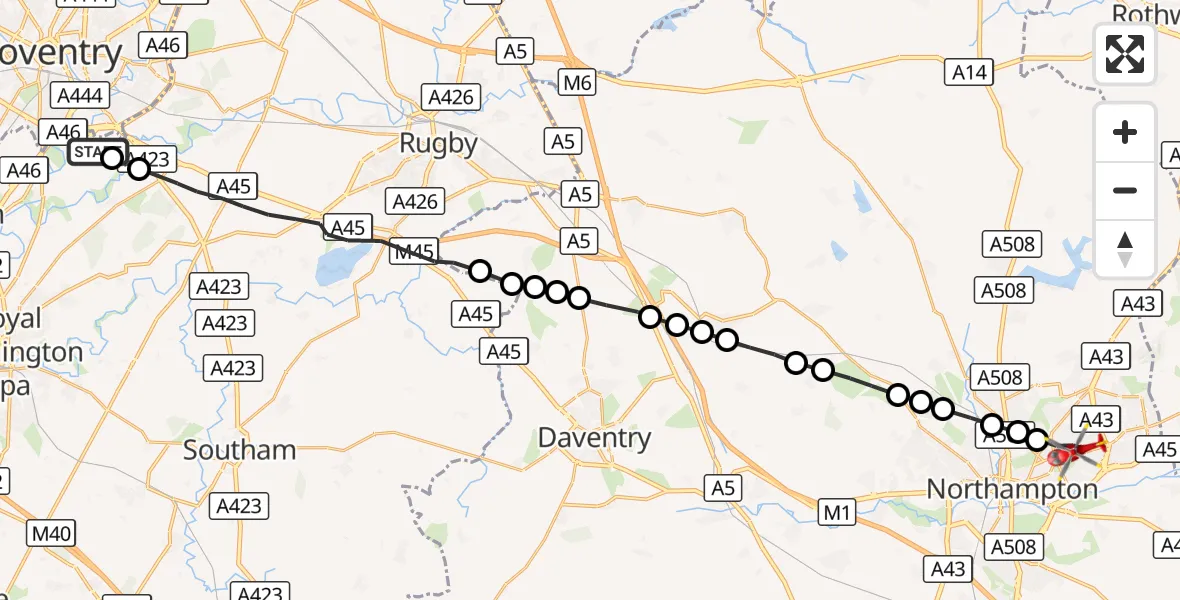Flight route Air Ambulance Helicopter Coventry Airport - Northampton, 29 October 2026, 11:39