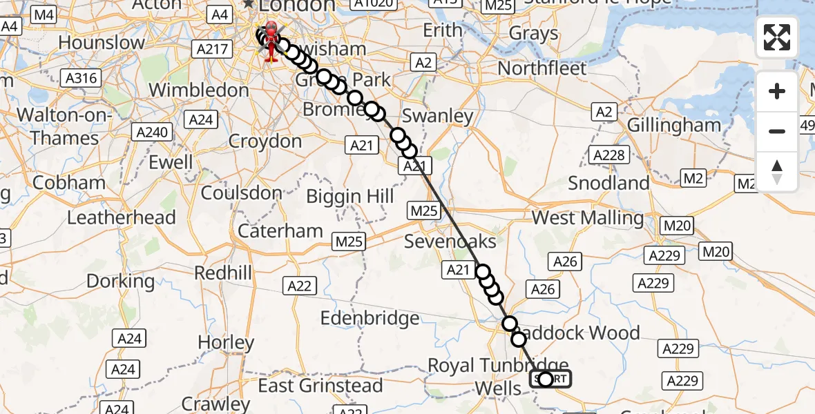 Flight route Air Ambulance Helicopter Tunbridge Wells - Kings College London Hospital, 29 October 2026, 11:44