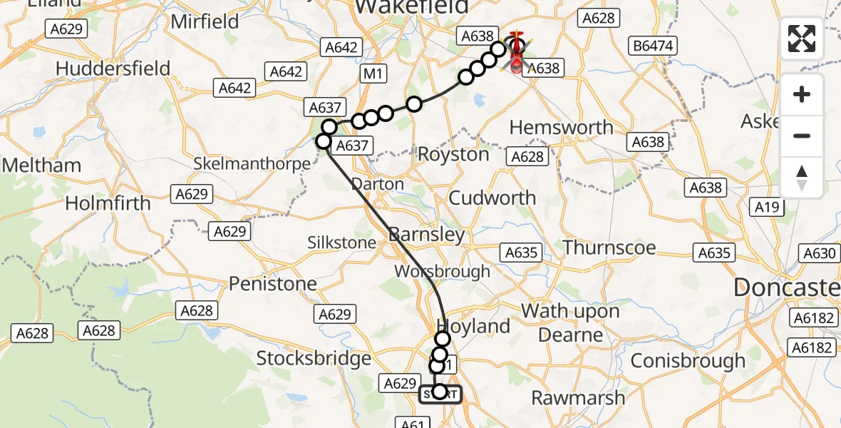 Flight route Air Ambulance Helicopter Chapeltown - YAA Nostell Helicopter Port, 29 October 2026, 11:52