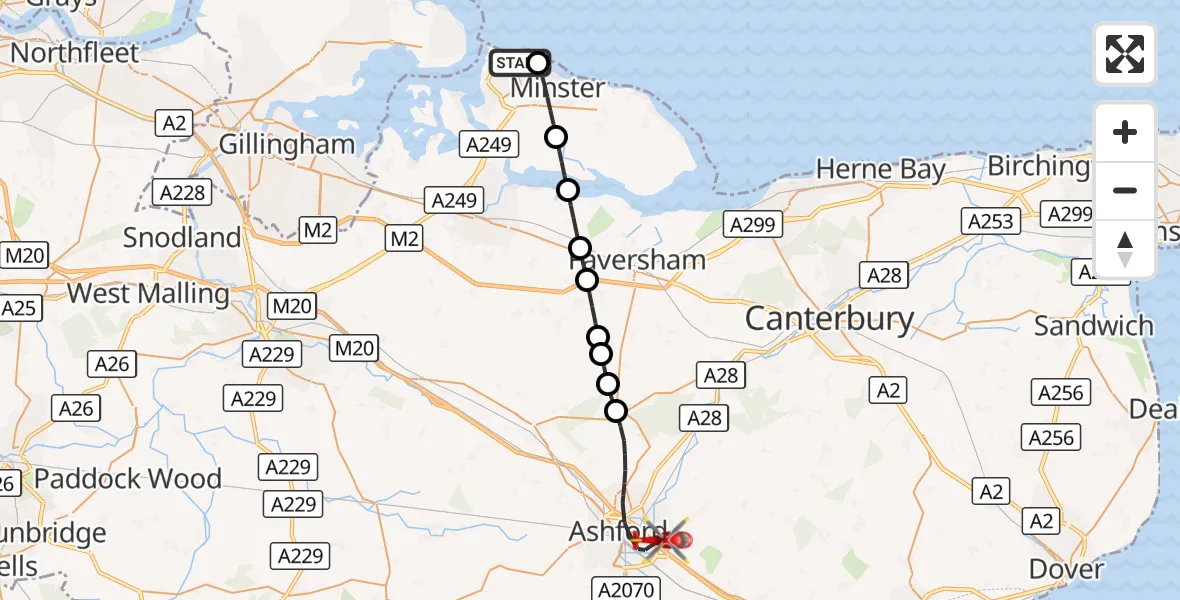 Flight route Air Ambulance Helicopter Sheerness - Ashford, 29 October 2026, 11:54