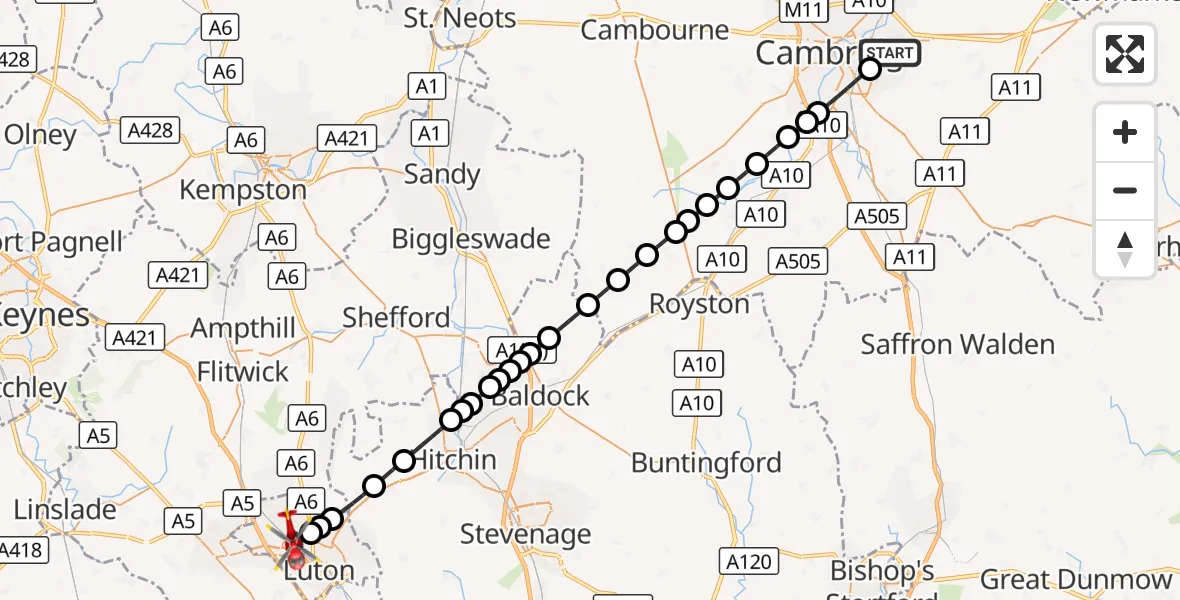 Flight route Air Ambulance Helicopter Cambridge City Airport - Luton, 29 October 2026, 11:58