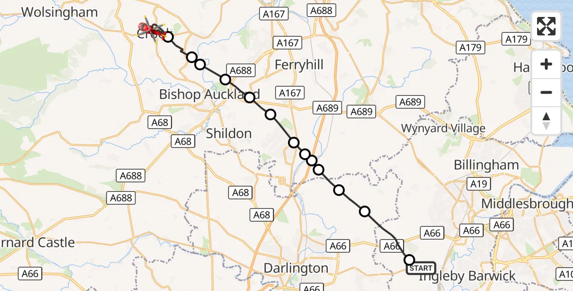 Flight route Air Ambulance Helicopter Egglescliffe - Crook, 29 October 2026, 12:01