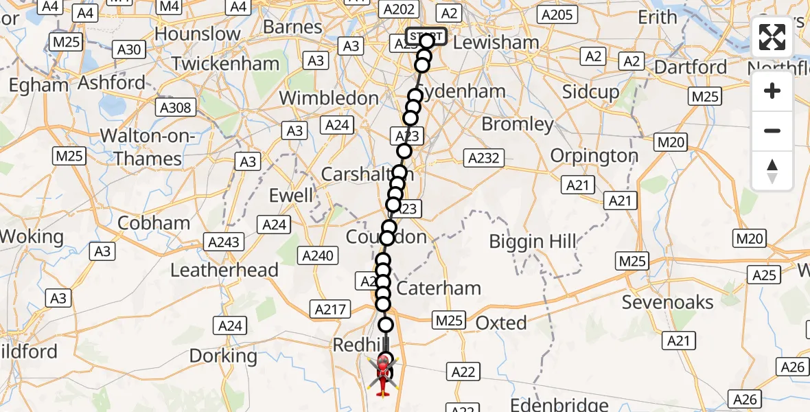 Flight route Air Ambulance Helicopter Kings College London Hospital - Redhill Aerodrome, 29 October 2026, 12:39