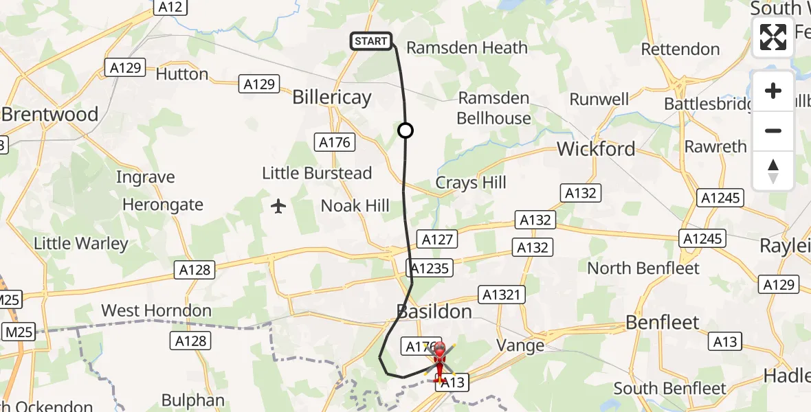 Flight route Air Ambulance Helicopter Billericay - Basildon, 29 October 2026, 12:51