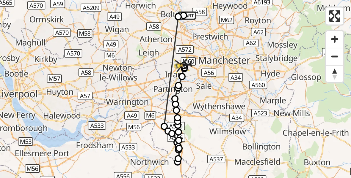 Flight route Police Helicopter Bolton - Manchester Barton Aerodrome, 29 October 2026, 13:46
