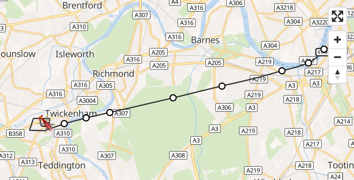 Flight route Air Ambulance Helicopter London Heliport - Strawberry Hill, 29 October 2026, 14:30