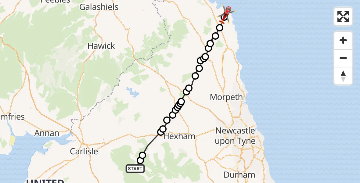 Flight route Air Ambulance Helicopter Slaggyford - Beadnell, 29 October 2026, 14:54