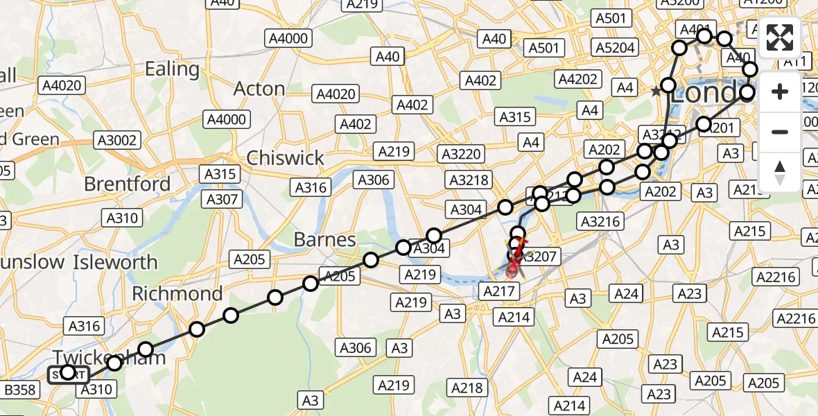 Flight route Air Ambulance Helicopter Strawberry Hill - London Heliport, 29 October 2026, 15:07