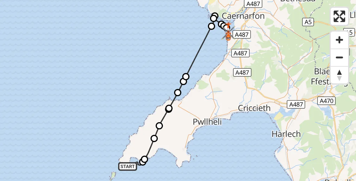 Flight route Coastguard Helicopter Aberdaron - Caernarfon Airport, 29 October 2026, 15:38