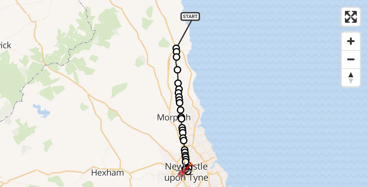 Flight route Air Ambulance Helicopter North Sea - Newcastle Royal Victoria Infirmary, 29 October 2026, 15:50