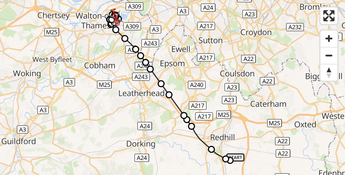 Flight route Air Ambulance Helicopter Redhill Aerodrome - Elmbridge, 29 October 2026, 15:56