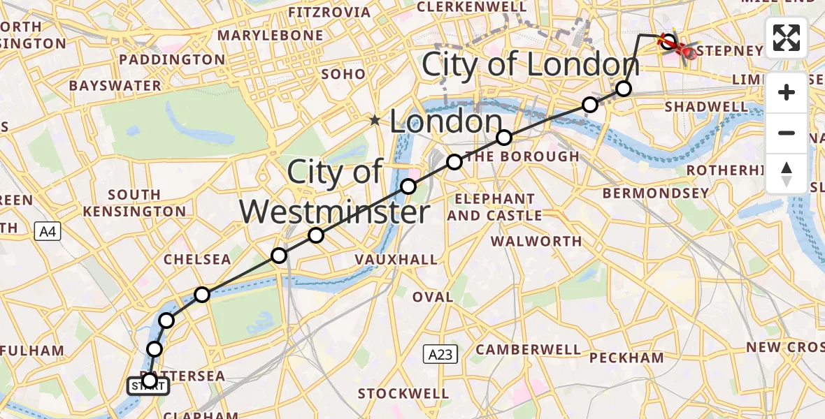 Flight route Air Ambulance Helicopter London Heliport - Royal London Hospital, 29 October 2026, 16:12