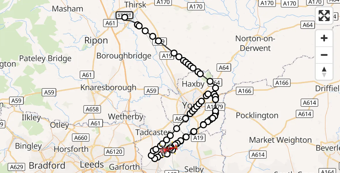Flight route Air Ambulance Helicopter RAF Topcliffe - Leeds East Airport, 29 October 2026, 16:12