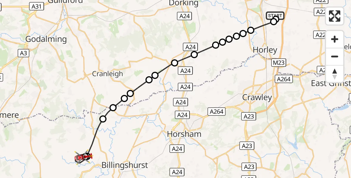 Flight route Air Ambulance Helicopter Redhill Aerodrome - Kirdford, 29 October 2026, 16:32