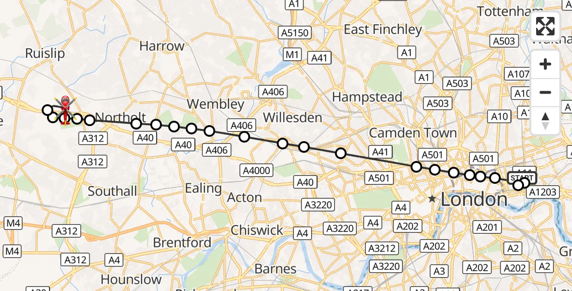 Flight route Air Ambulance Helicopter Royal London Hospital - RAF Northolt, 29 October 2026, 16:42