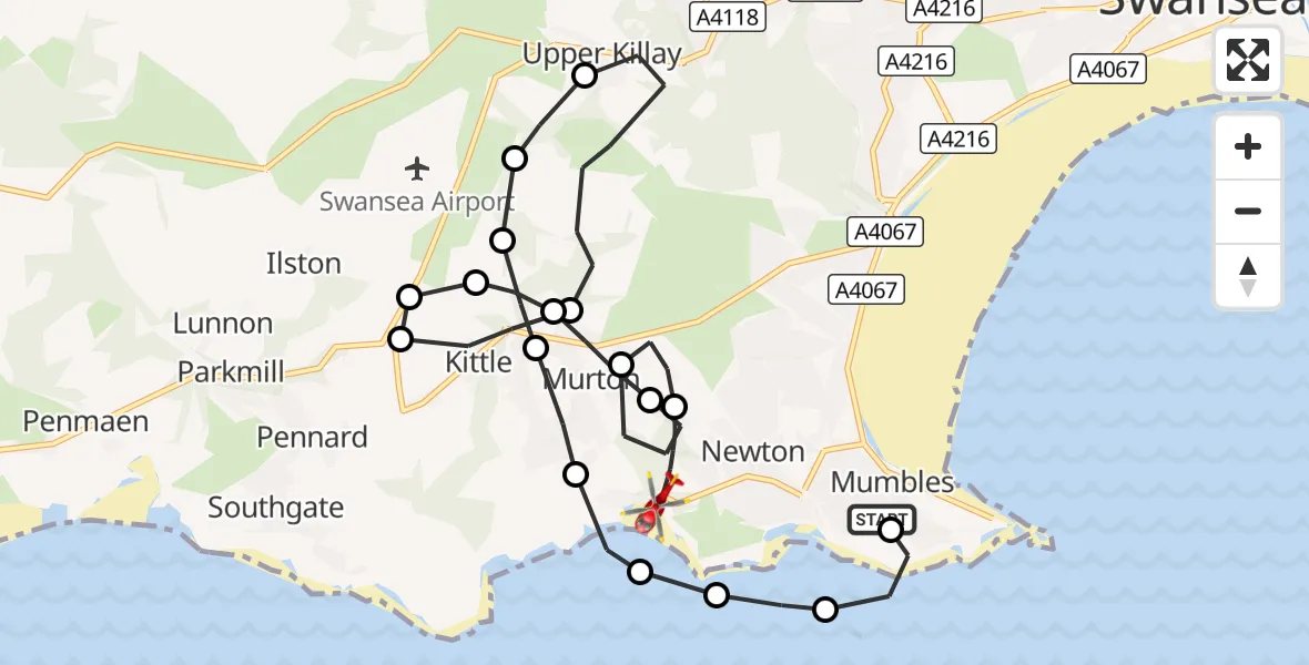Flight route Air Ambulance Helicopter Mumbles - Manselfield, 29 October 2026, 16:43