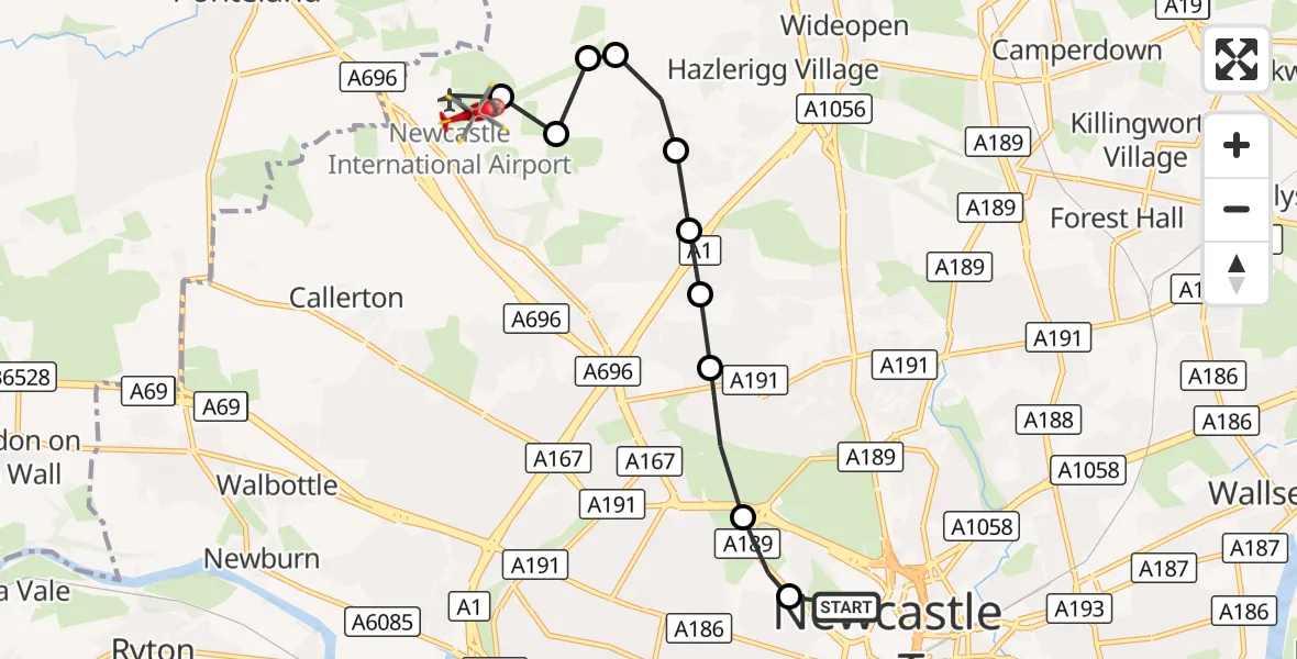Flight route Air Ambulance Helicopter Newcastle Royal Victoria Infirmary - Newcastle International Airport, 29 October 2026, 16:46