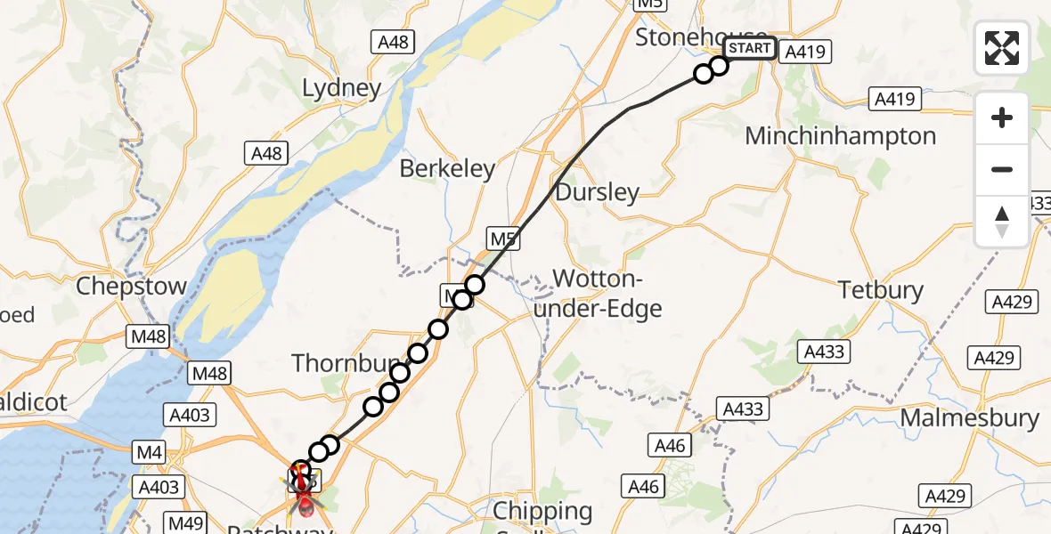 Flight route Air Ambulance Helicopter Stroud - Almondsbury Helicopter Base, 29 October 2026, 16:46