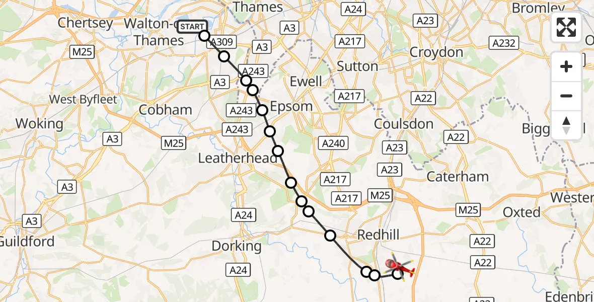 Flight route Air Ambulance Helicopter Elmbridge - Redhill Aerodrome, 29 October 2026, 16:49