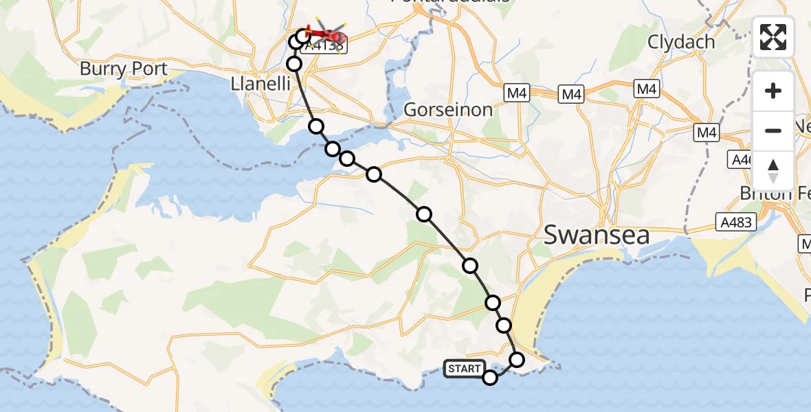 Flight route Air Ambulance Helicopter Manselfield - Dafen, 29 October 2026, 17:00