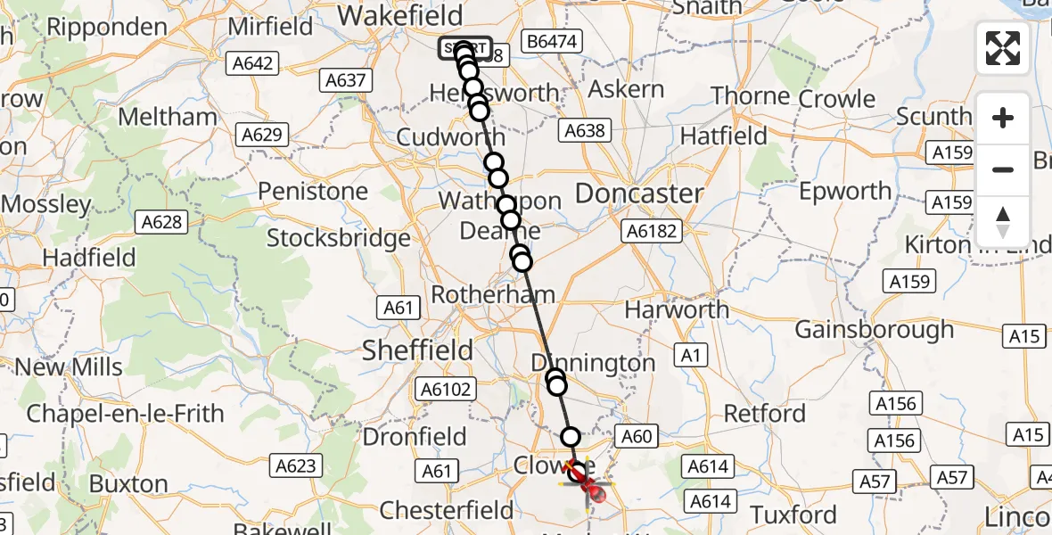 Flight route Air Ambulance Helicopter YAA Nostell Helicopter Port - Bolsover, 29 October 2026, 17:02