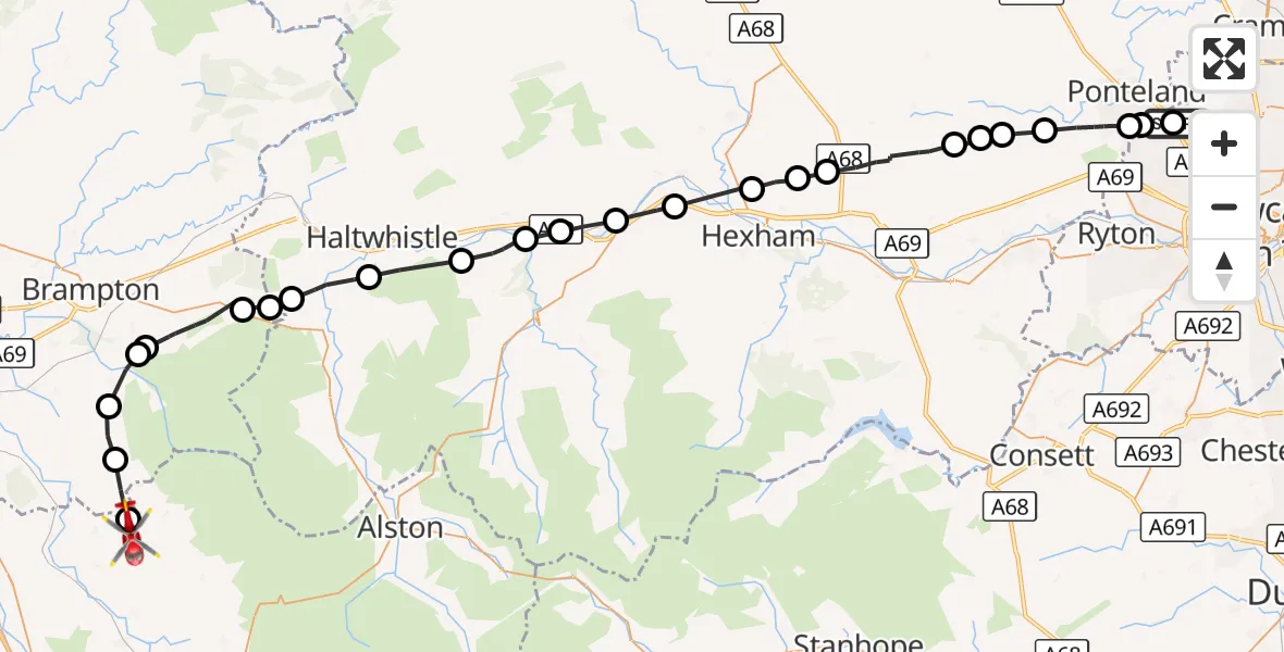 Flight route Air Ambulance Helicopter Newcastle International Airport - Kirkoswald, 29 October 2026, 17:06