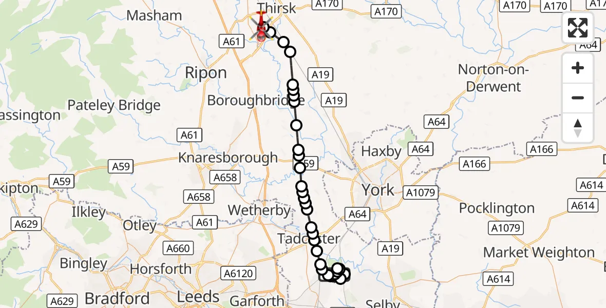 Flight route Air Ambulance Helicopter Leeds East Airport - RAF Topcliffe, 29 October 2026, 17:11