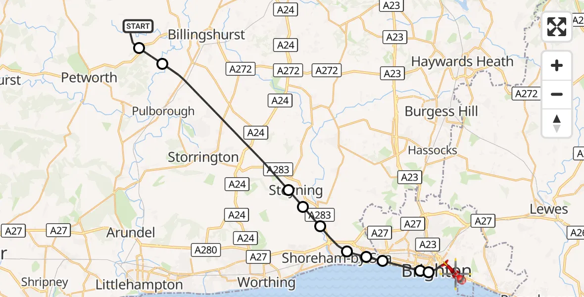 Flight route Air Ambulance Helicopter Kirdford - Brighton, 29 October 2026, 17:25