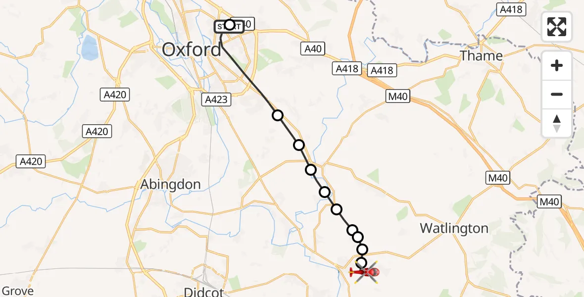 Flight route Air Ambulance Helicopter John Radcliffe Hospital - RAF Benson, 29 October 2026, 17:54