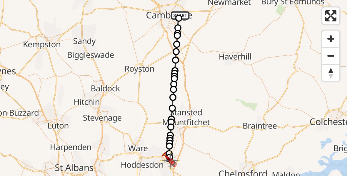 Flight route Air Ambulance Helicopter Cambridge City Airport - Harlow, 29 October 2026, 18:02