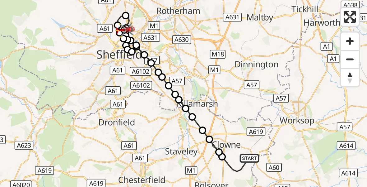 Flight route Air Ambulance Helicopter Bolsover - Sheffield Northern Hospital, 29 October 2026, 18:03