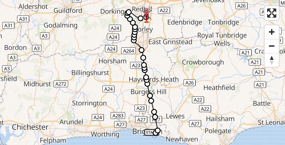 Flight route Air Ambulance Helicopter Brighton - Redhill Aerodrome, 29 October 2026, 18:09