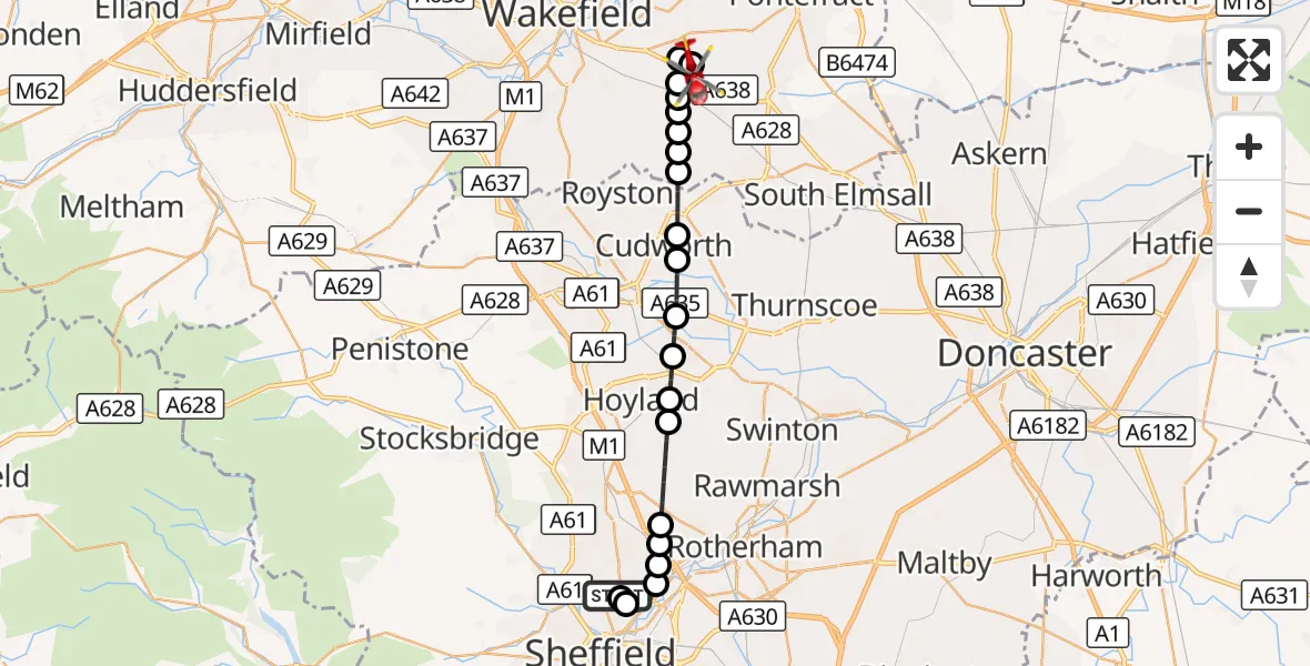 Flight route Air Ambulance Helicopter Sheffield Northern Hospital - YAA Nostell Helicopter Port, 29 October 2026, 18:39